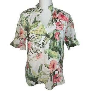 Tommy Bahama women's Daybreak 100% linen tropical embroidered top size XS